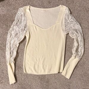 Anthropologie Cream V-Neck Sweater with Lace Sleeves